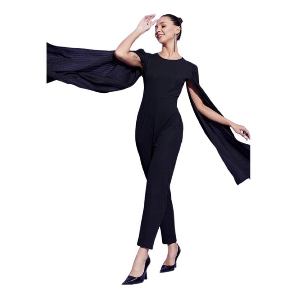 Women's Polyeter Solid Cape Sleeve Jumpsuit (Black)