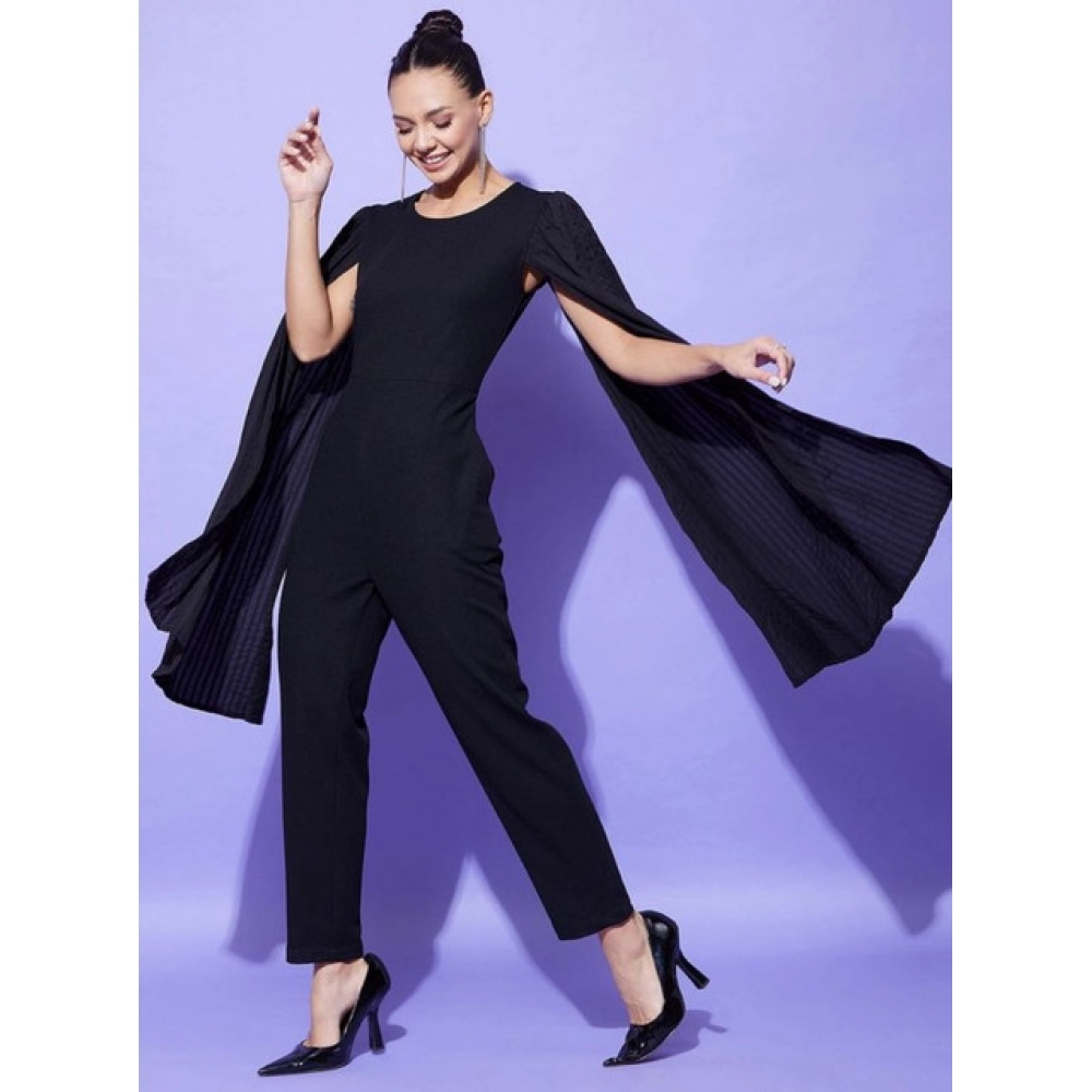 Women's Polyeter Solid Cape Sleeve Jumpsuit (Black) - Image 5