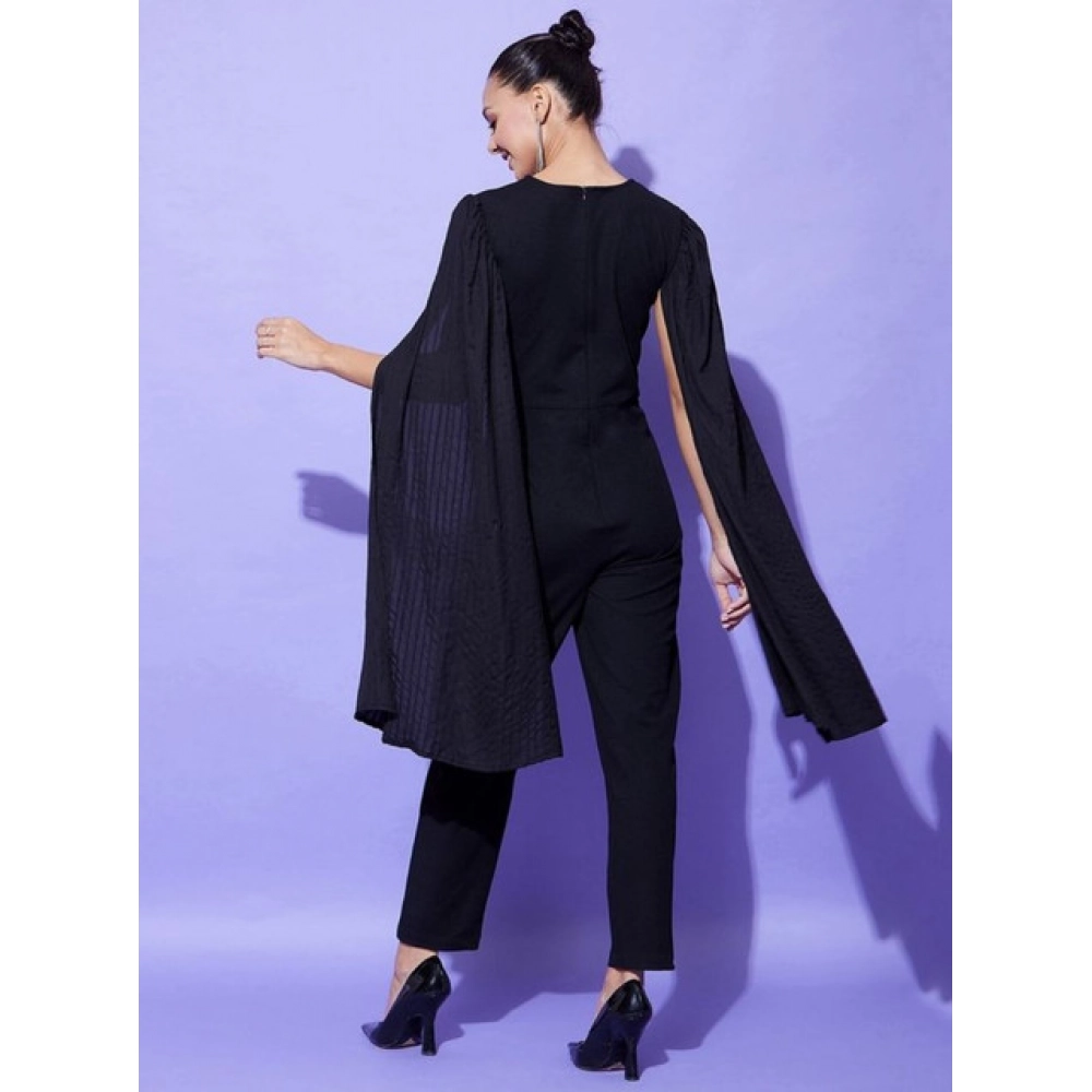 Women's Polyeter Solid Cape Sleeve Jumpsuit (Black) - Image 4