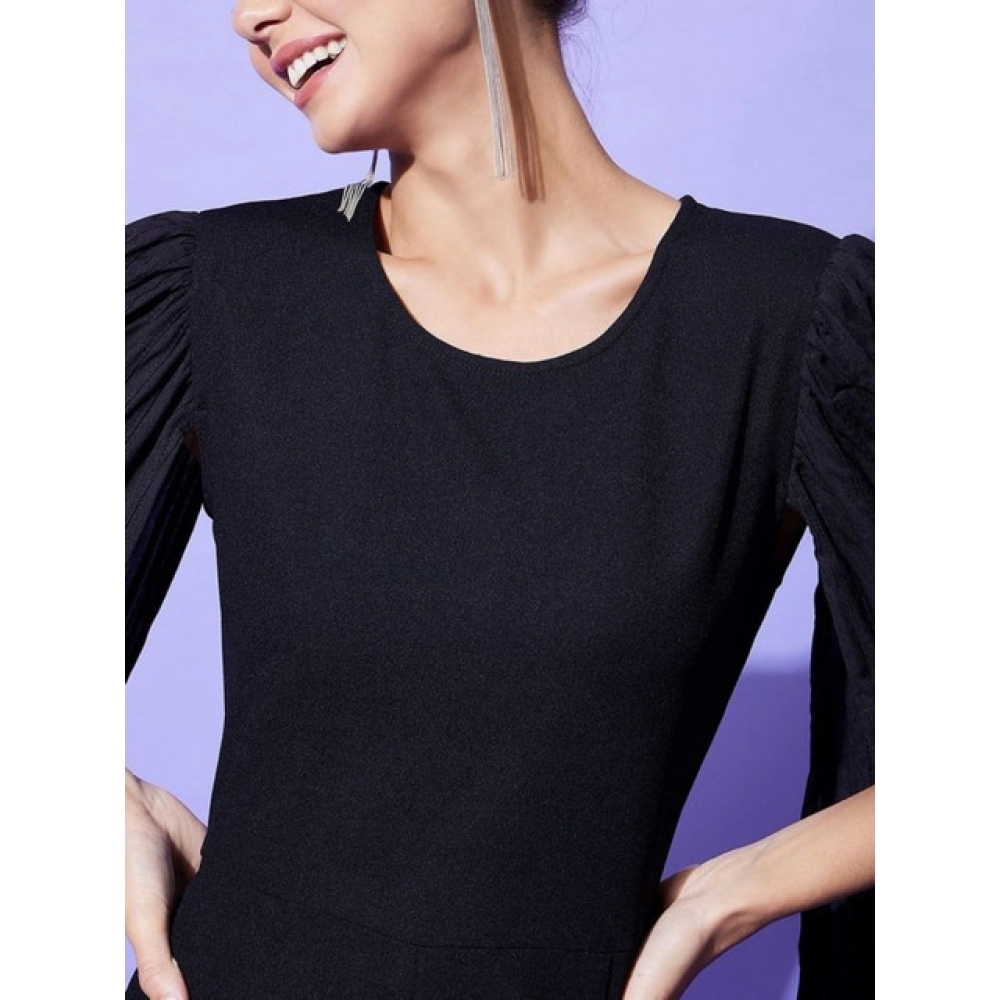 Women's Polyeter Solid Cape Sleeve Jumpsuit (Black) - Image 3