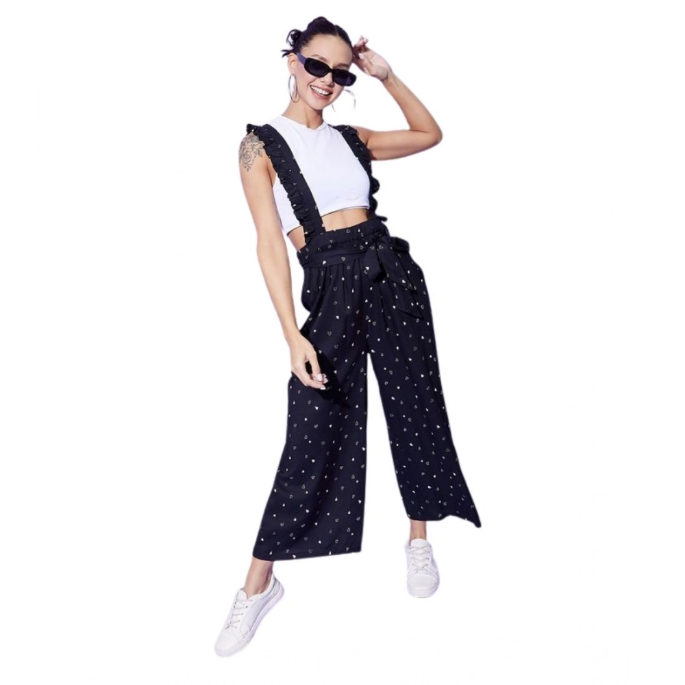 Women's Rayon Pinafore Shoulder Straps Jumpsuit (Black)