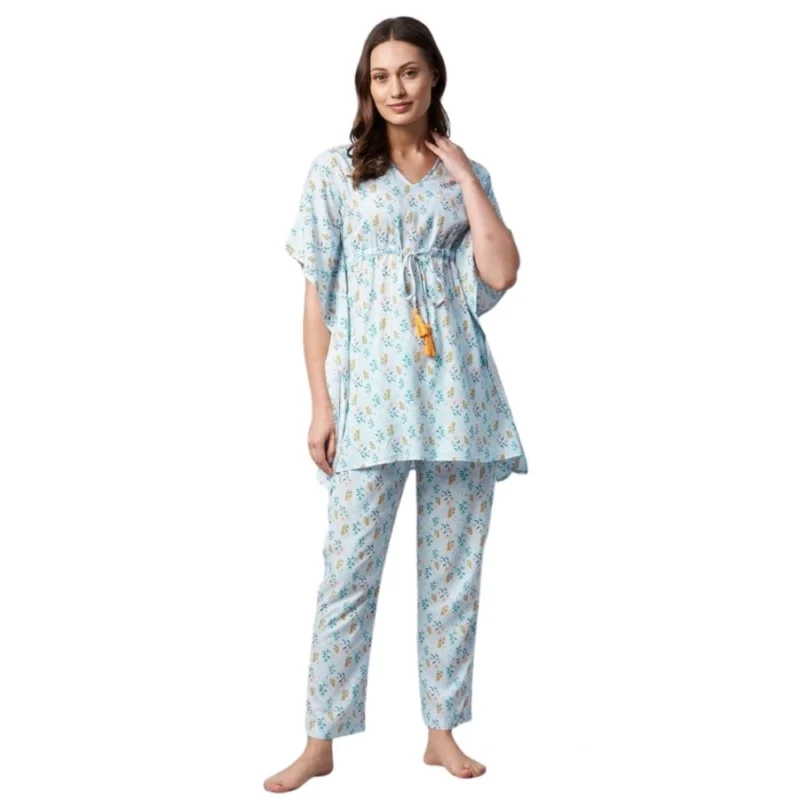 Women's Rayon Floral Kaftan Sleeve Kaftan Sets (Light Blue)
