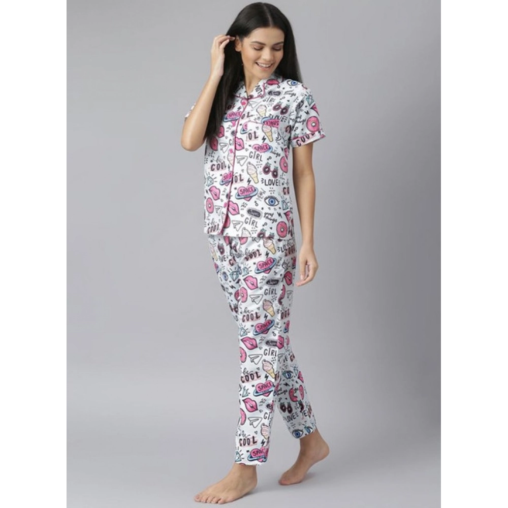 Women's Cotton Blend Printed Short Sleeve Night Suit (Multicolor) - Image 3