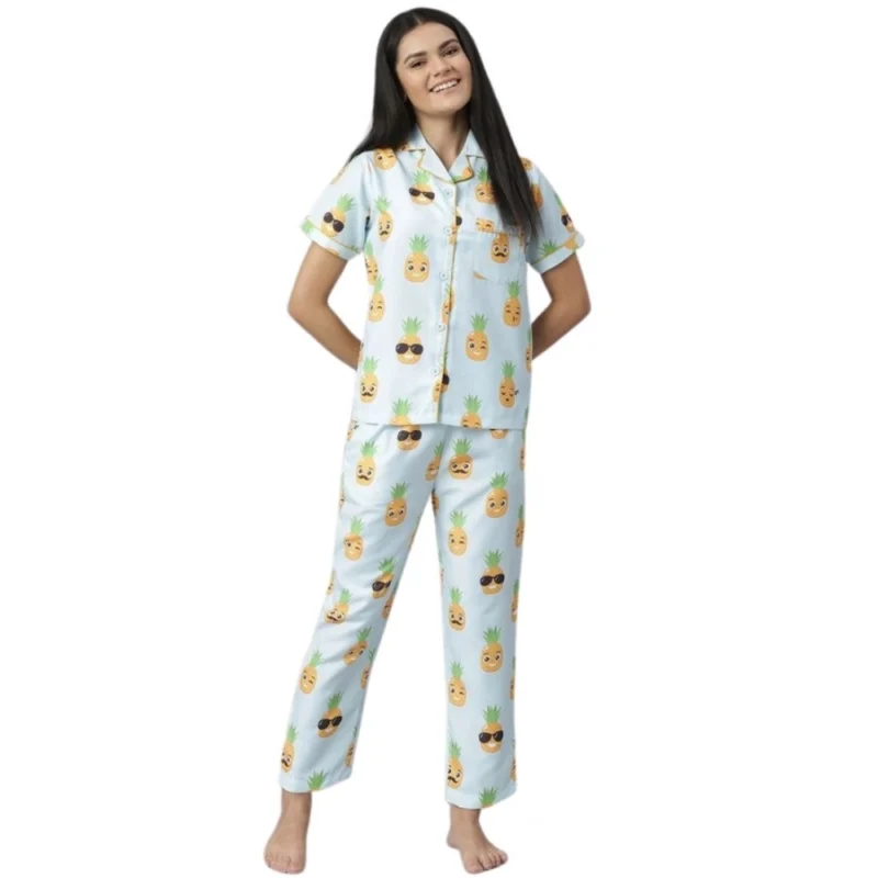 Women's Cotton Blend Printed Short Sleeve Night Suit (Blue-Yellow)