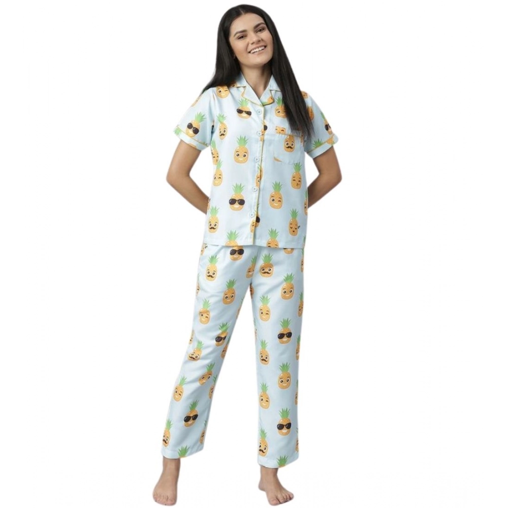 Women's Cotton Blend Printed Short Sleeve Night Suit (Blue-Yellow)