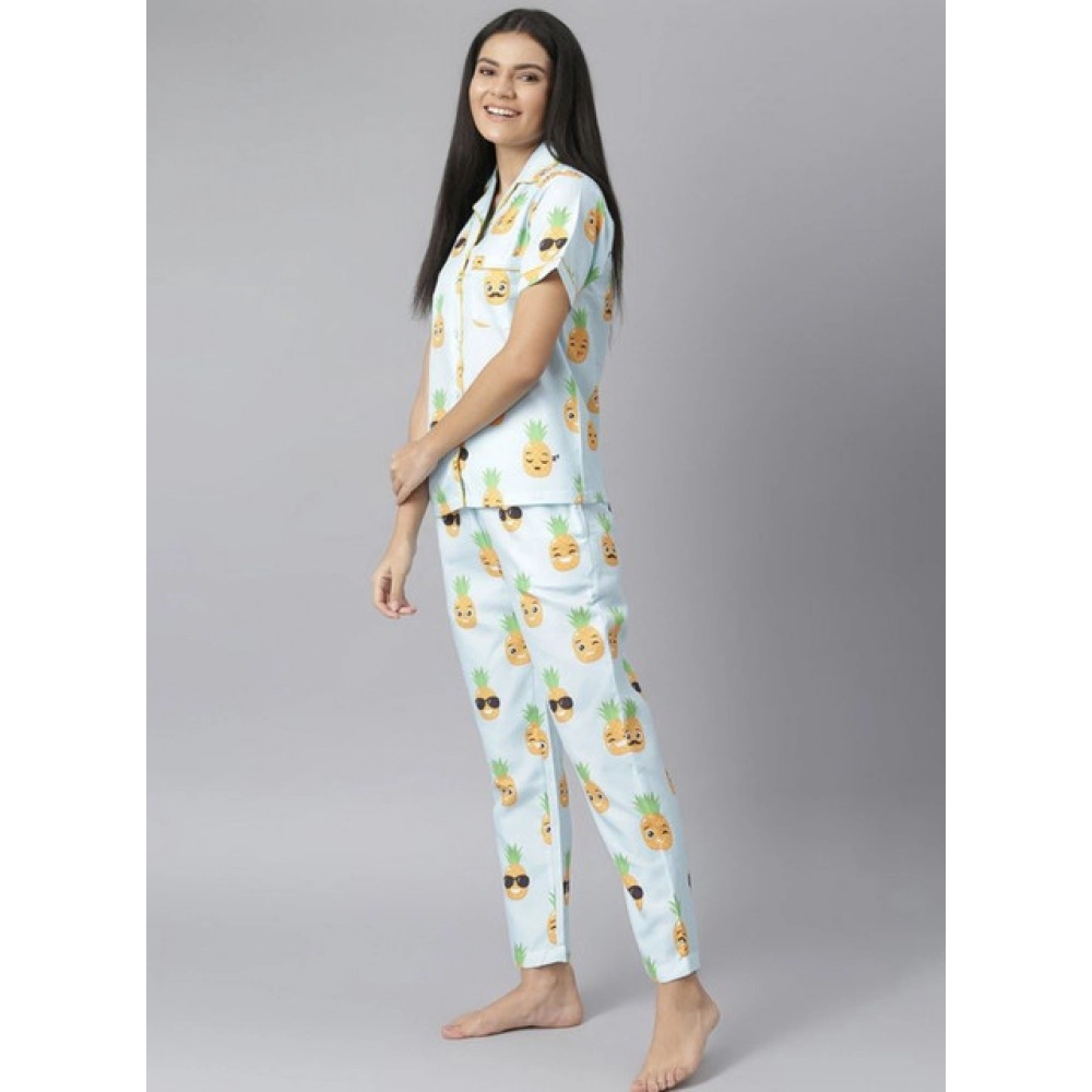 Women's Cotton Blend Printed Short Sleeve Night Suit (Blue-Yellow) - Image 4