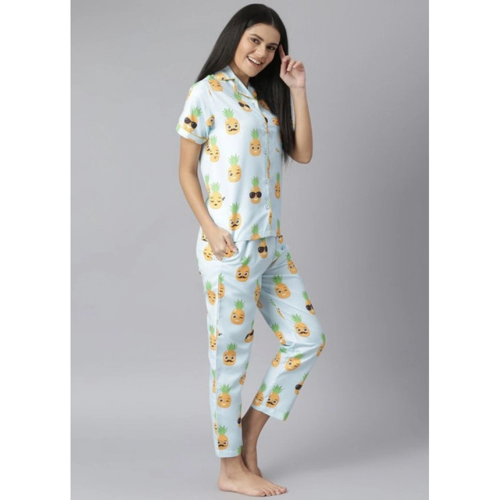 Women's Cotton Blend Printed Short Sleeve Night Suit (Blue-Yellow) - Image 3