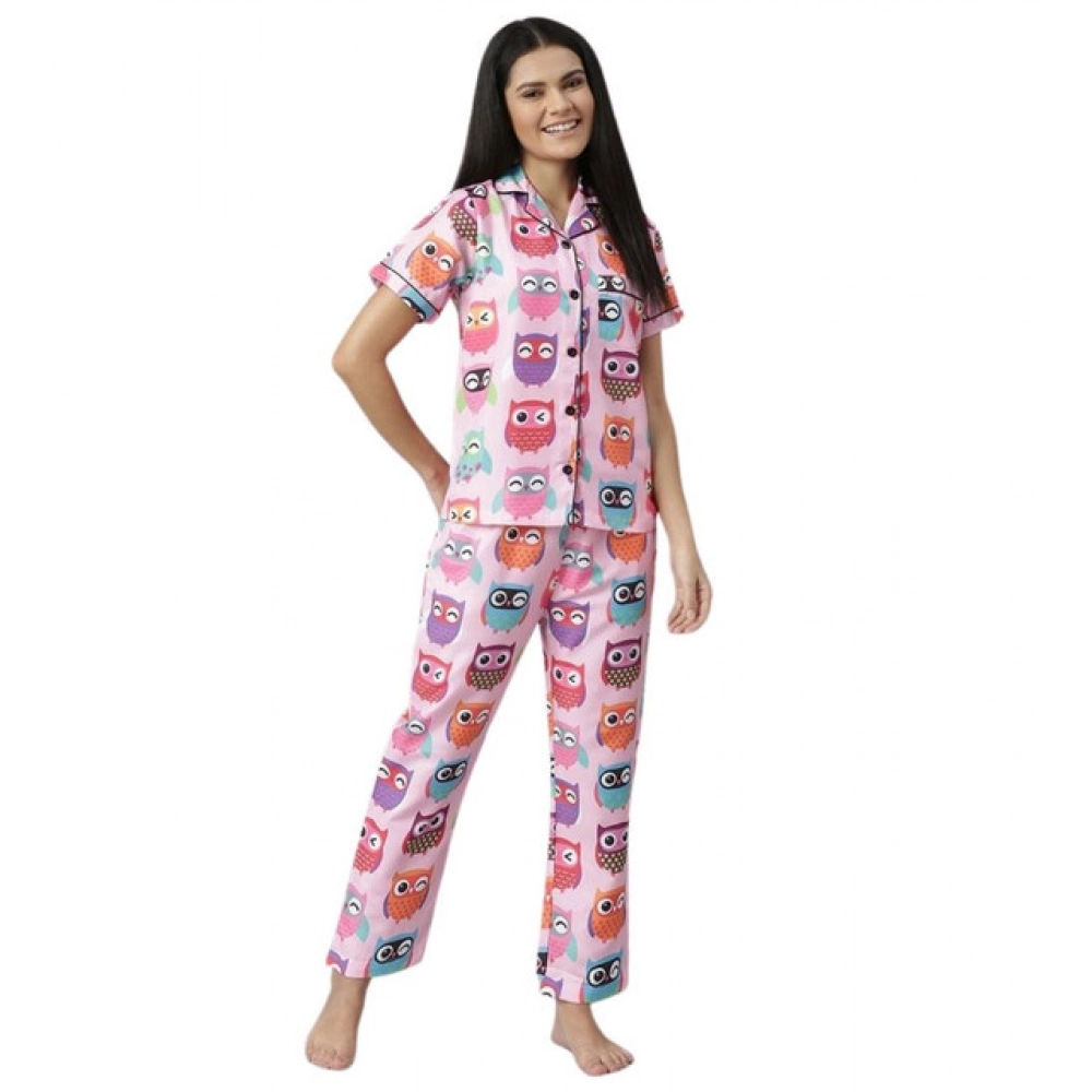 Women's Cotton Blend Printed Short Sleeve Night Suit (Pink)