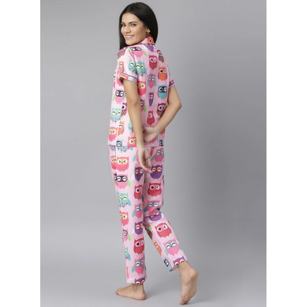 Women's Cotton Blend Printed Short Sleeve Night Suit (Pink) - Image 5