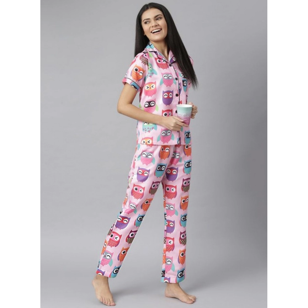 Women's Cotton Blend Printed Short Sleeve Night Suit (Pink) - Image 4