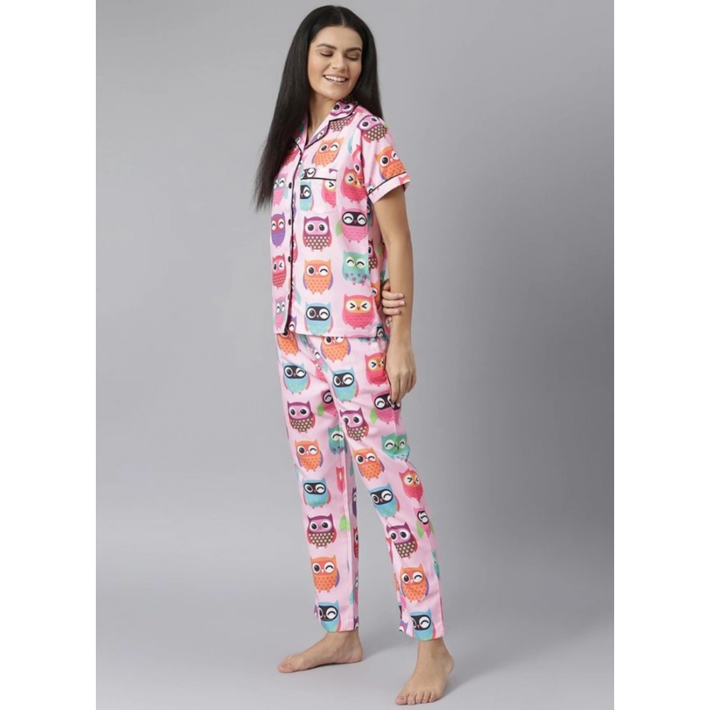 Women's Cotton Blend Printed Short Sleeve Night Suit (Pink) - Image 3