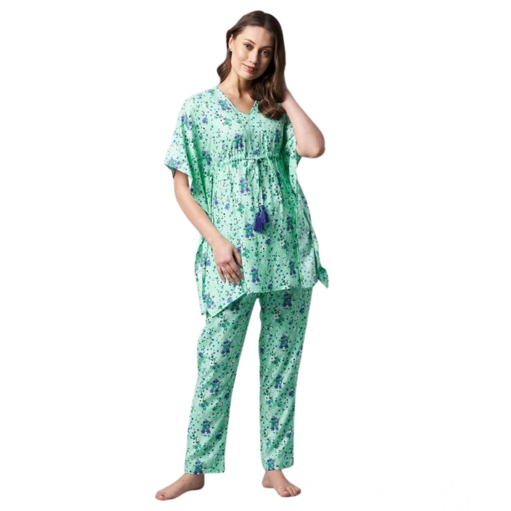 Women's Rayon Floral Kaftan Sleeve Night Suit (Green - Blue)