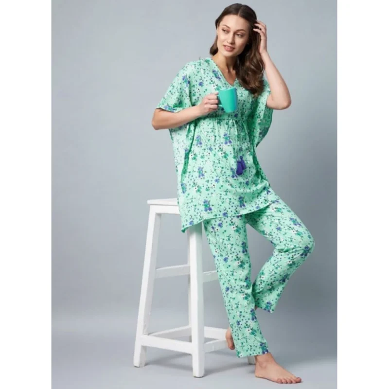 Alternative view of Women's Rayon Floral Kaftan Sleeve Night Suit (Green - Blue)