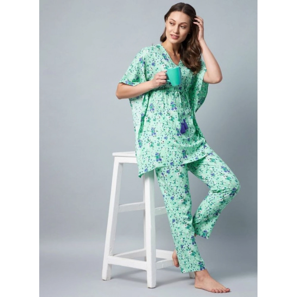 Women's Rayon Floral Kaftan Sleeve Night Suit (Green - Blue) - Image 2