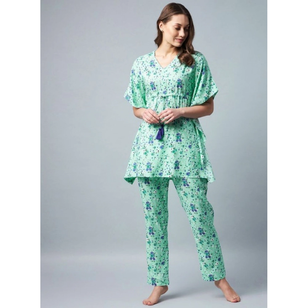 Women's Rayon Floral Kaftan Sleeve Night Suit (Green - Blue) - Image 3