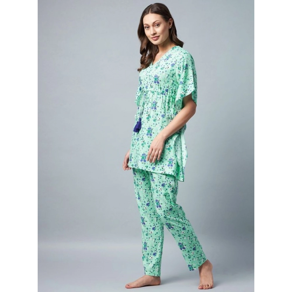 Women's Rayon Floral Kaftan Sleeve Night Suit (Green - Blue) - Image 5