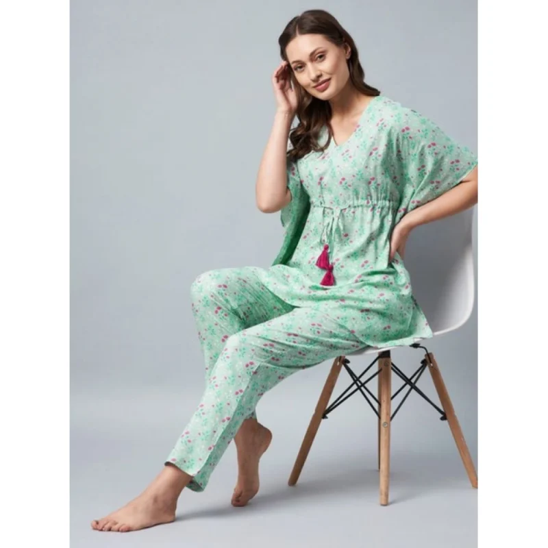 Alternative view of Women's Rayon Floral Kaftan Sleeve Night Suit (Green - Pink)