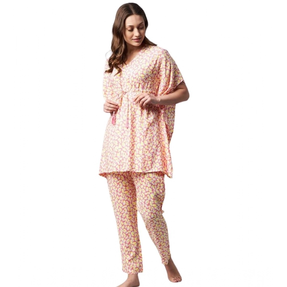 Women's Rayon Tie And Dye Kaftan Sleeve Night Suit (Multicolor)