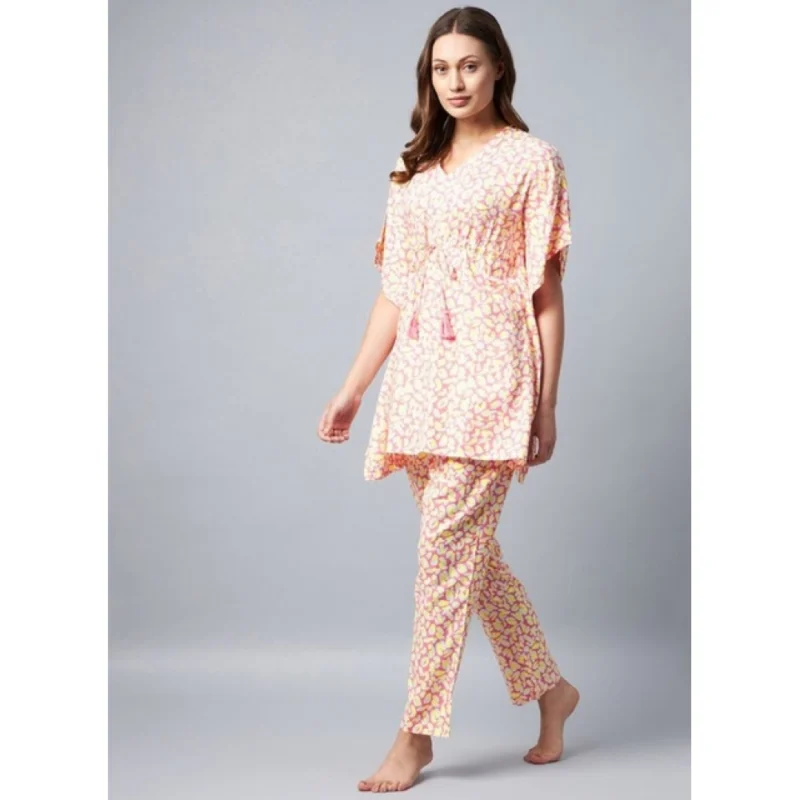 Alternative view of Women's Rayon Tie And Dye Kaftan Sleeve Night Suit (Multicolor)