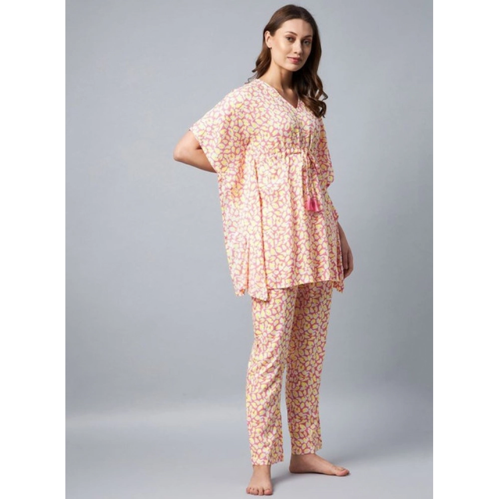 Women's Rayon Tie And Dye Kaftan Sleeve Night Suit (Multicolor) - Image 3