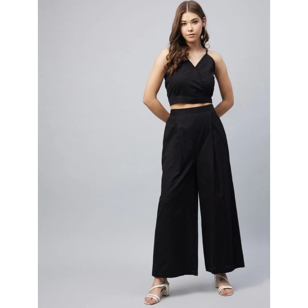 Women's Cotton Linen Solid Sleeveless Crop Top and Palazzo Set (Black) - Image 3