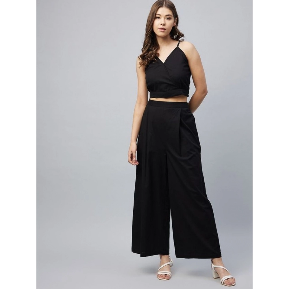 Women's Cotton Linen Solid Sleeveless Crop Top and Palazzo Set (Black) - Image 4