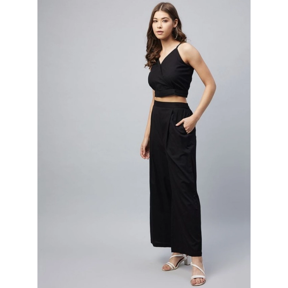 Women's Cotton Linen Solid Sleeveless Crop Top and Palazzo Set (Black) - Image 5