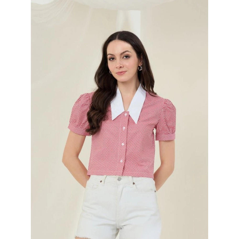 Women's Cotton Checkered Half Sleeve Shirt (Red - White) - Image 5
