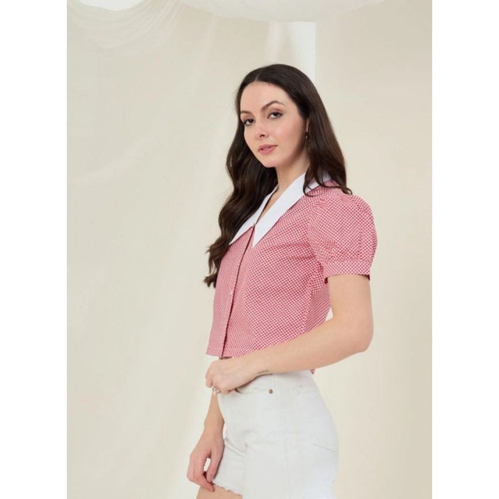 Women's Cotton Checkered Half Sleeve Shirt (Red - White) - Image 4
