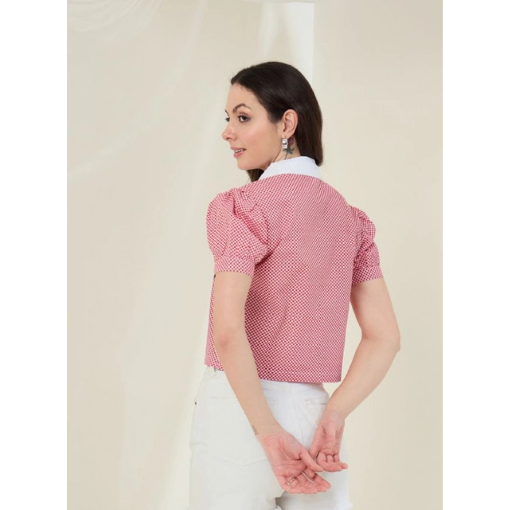 Women's Cotton Checkered Half Sleeve Shirt (Red - White) - Image 3