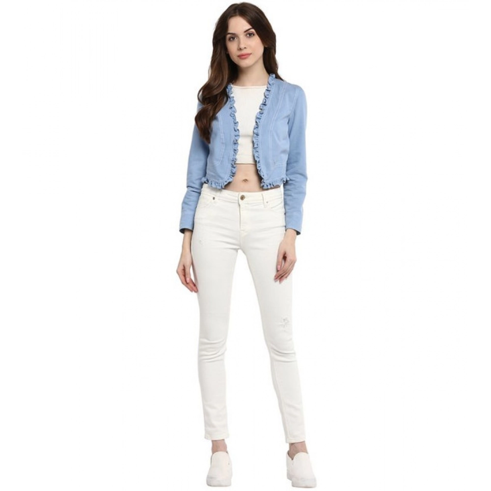 Women's Denim Ruffled Long Sleeves Shrug (Blue) - Image 3