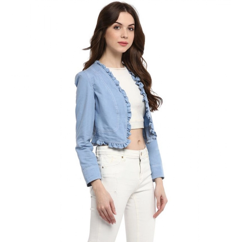 Women's Denim Ruffled Long Sleeves Shrug (Blue) - Image 5