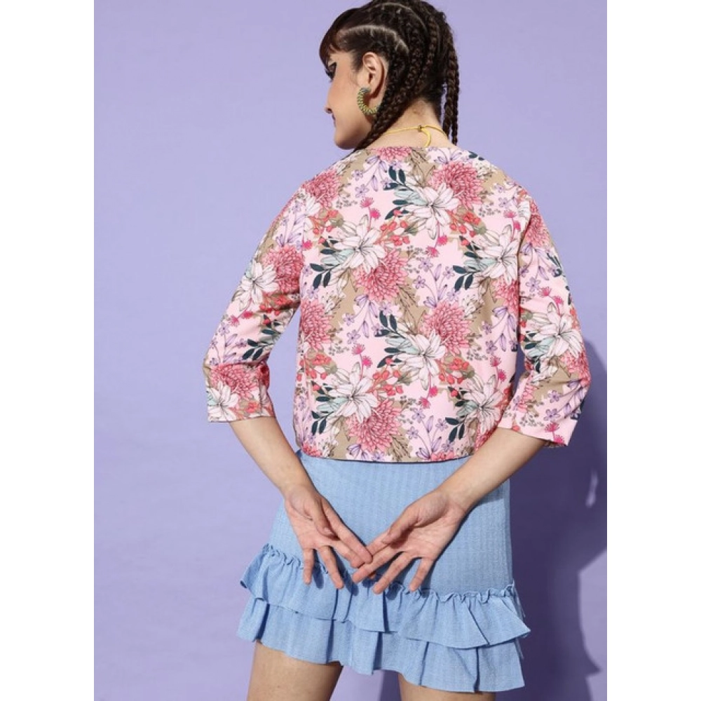 Women's Polyester Floral 3-4th Sleeves Shrug (Peach) - Image 2