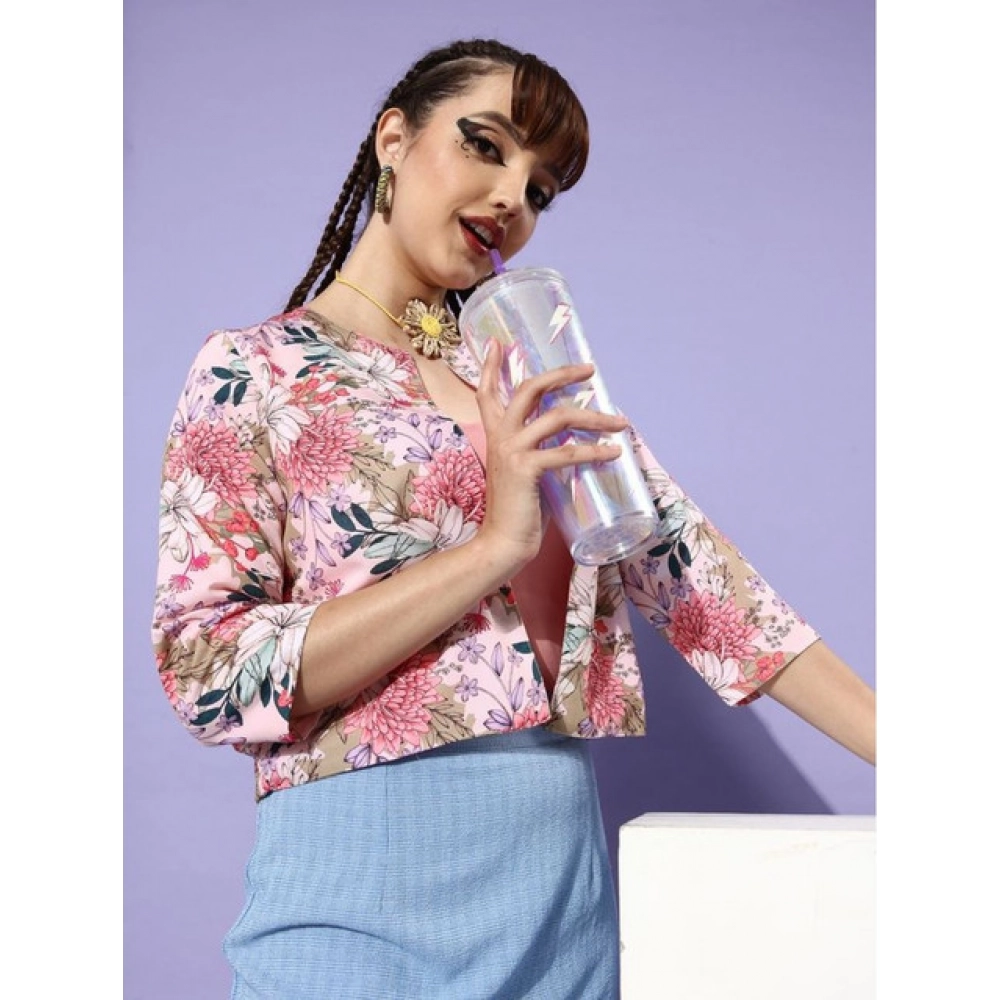 Women's Polyester Floral 3-4th Sleeves Shrug (Peach) - Image 3