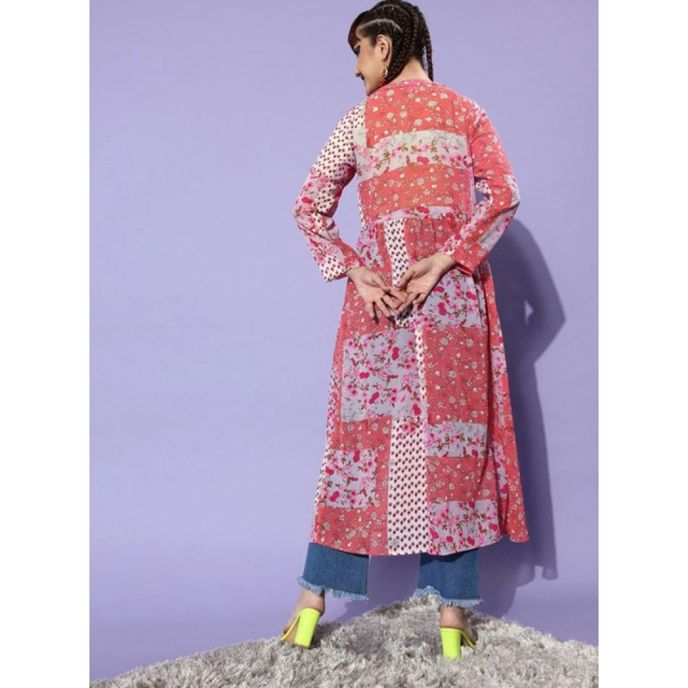 Women's Polyester Floral Long Sleeves Shrug (Pink-Coral) - Image 2