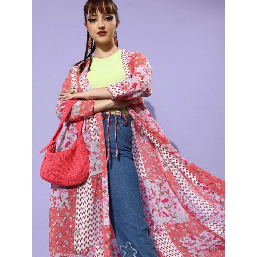 Women's Polyester Floral Long Sleeves Shrug (Pink-Coral) - Image 3