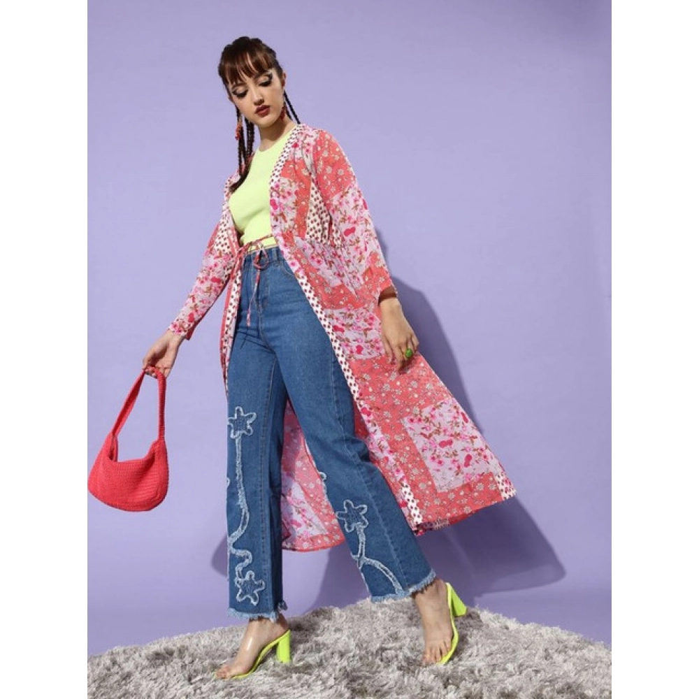 Women's Polyester Floral Long Sleeves Shrug (Pink-Coral) - Image 5