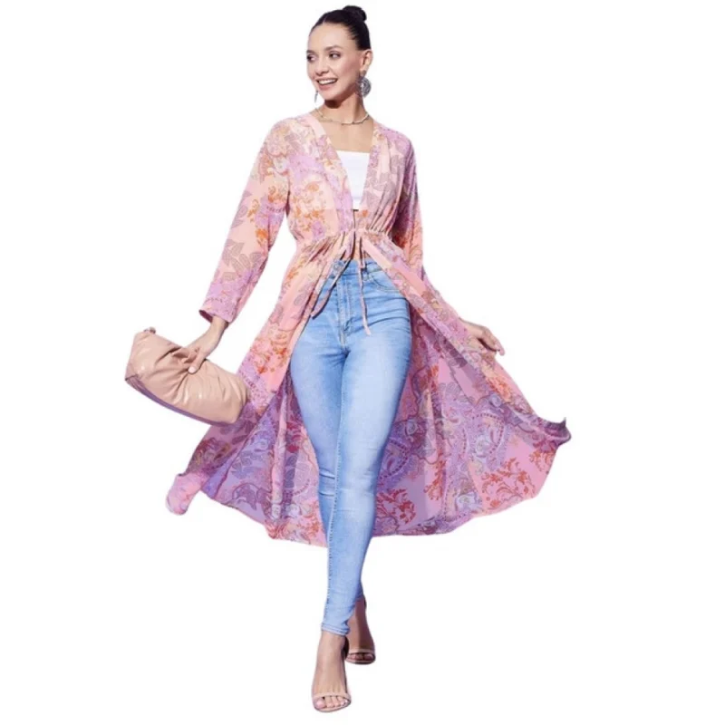 Women's Polyester Floral Long Sleeves Shrug (Peach)