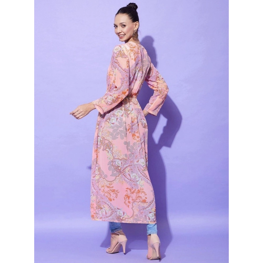 Women's Polyester Floral Long Sleeves Shrug (Peach) - Image 3