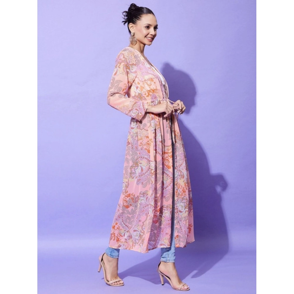 Women's Polyester Floral Long Sleeves Shrug (Peach) - Image 5