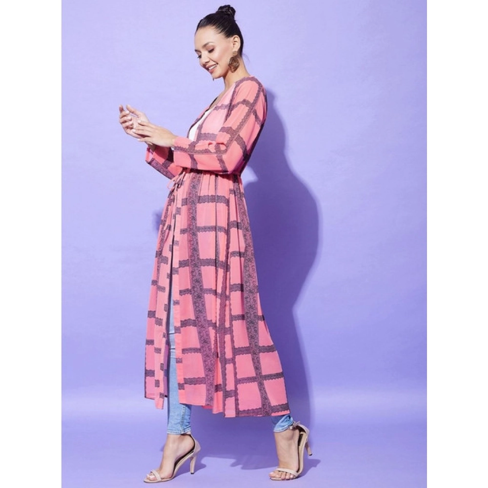 Women's Polyester Check Long Sleeves Shrug (Pink) - Image 2