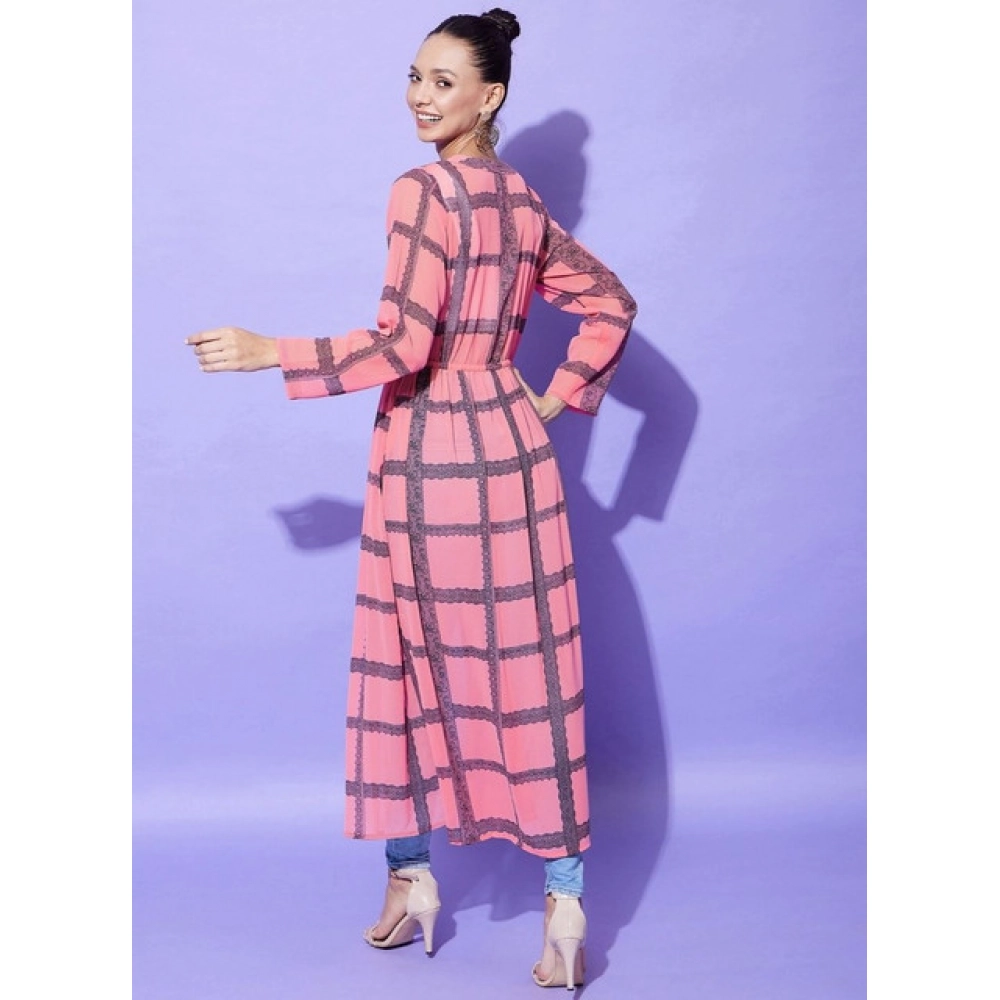 Women's Polyester Check Long Sleeves Shrug (Pink) - Image 5
