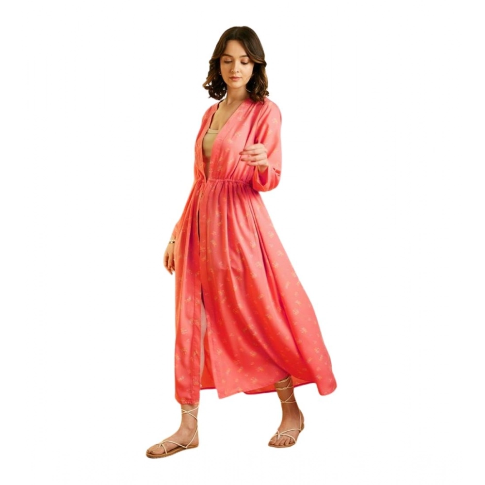 Women's Polyester Floral Long Sleeves Shrug (Pink)