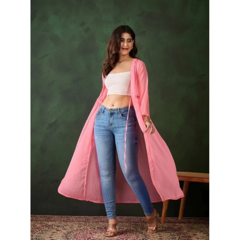 Alternative view of Women's Chiffon Self Design Long Sleeves Shrug (Pink)