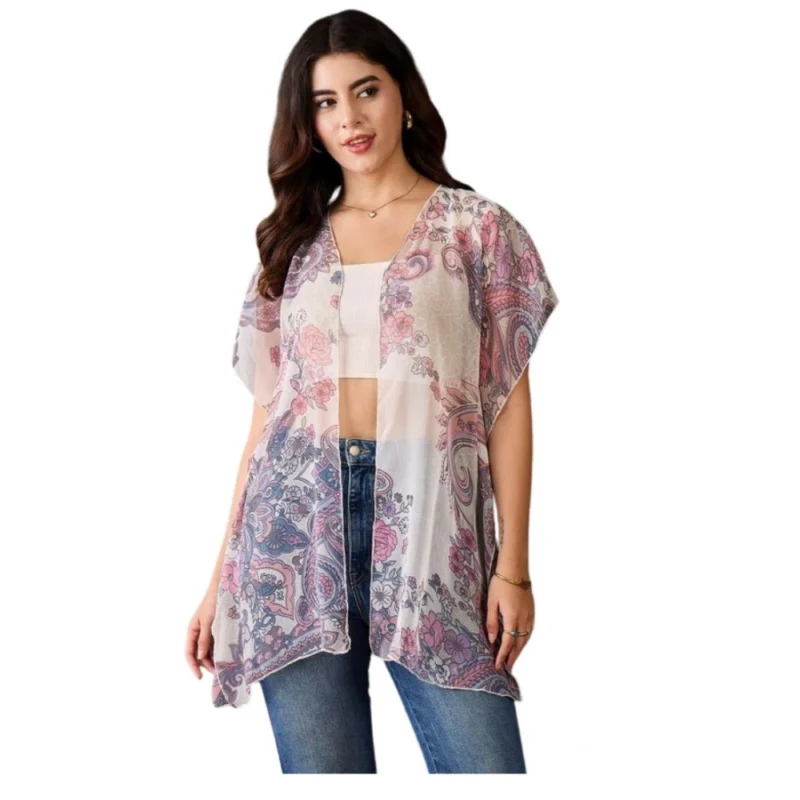 Women's Chiffon Printed Short Sleeves Shrug (White - Purple)