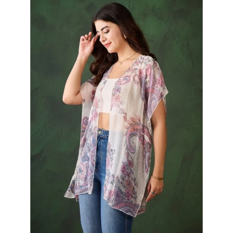 Alternative view of Women's Chiffon Printed Short Sleeves Shrug (White - Purple)