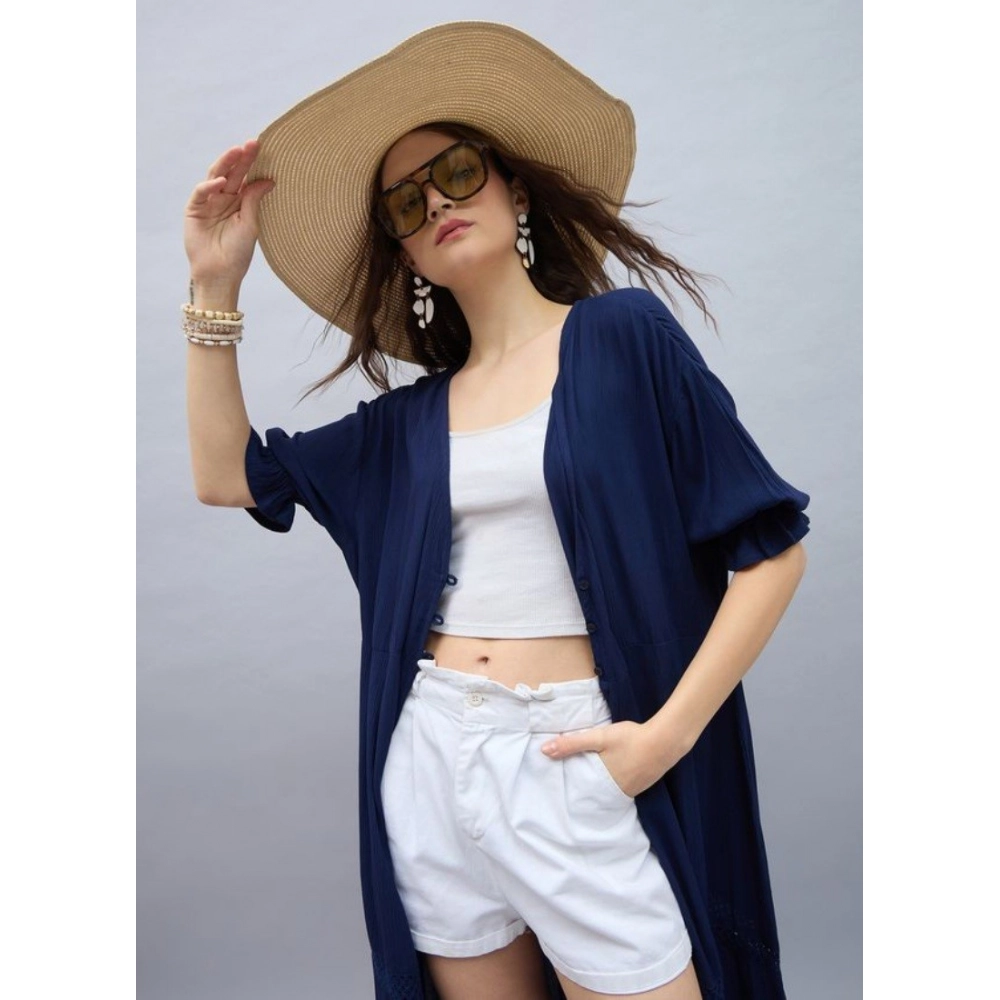 Women's Rayon Crepe Lace Inserts 3-4th Sleeve Shrug (Navy) - Image 3