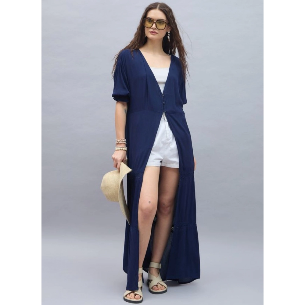 Women's Rayon Crepe Lace Inserts 3-4th Sleeve Shrug (Navy) - Image 5