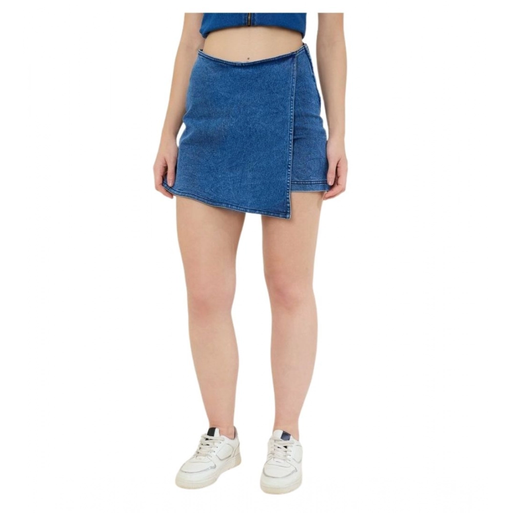 Women's Denim Lycra Solid Zip Closure Skorts (Blue)
