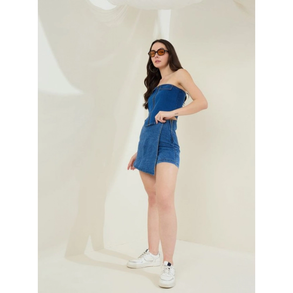 Women's Denim Lycra Solid Zip Closure Skorts (Blue) - Image 2